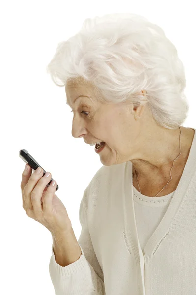 Oude Vrouw Met Mobile — Stockfoto