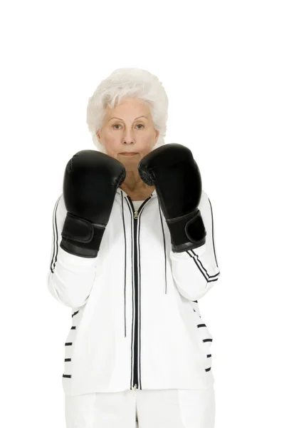 Äldre Kvinna Med Boxhandskar — Stockfoto