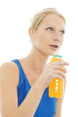 Portrait of a young caucasian woman wearing a sports blue vest and drinks a clipart