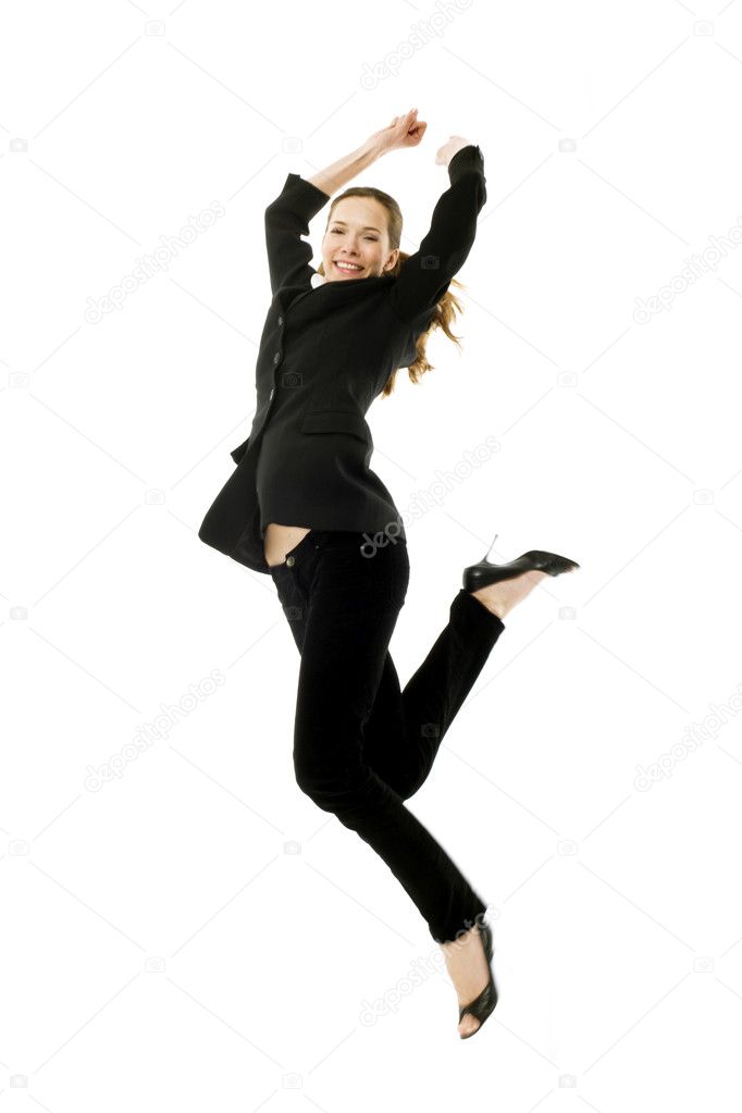 Young businesswoman jumping on white background studio