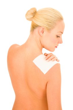 Naked woman with patch on the shoulder clipart