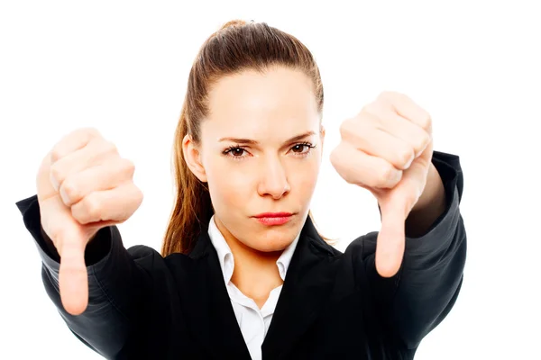 Severe businesswoman with thumb down — Stock Photo, Image