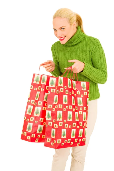 Γυναίκα με τσάντες με τα δώρα Χριστουγέννων — Φωτογραφία Αρχείου