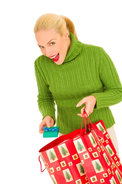 Vrouw met zakken met giften van Kerstmis — Stockfoto