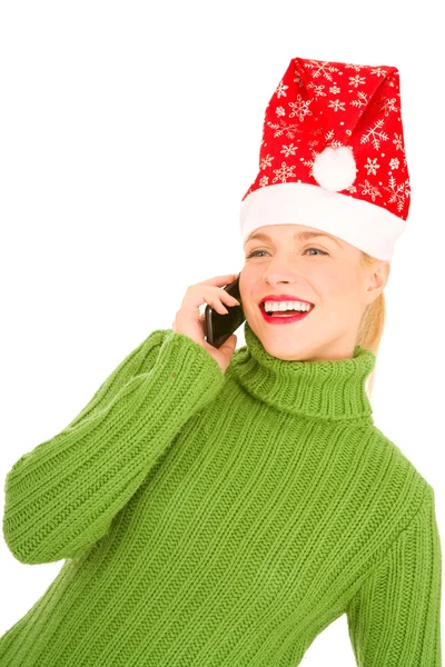 Γυναίκα με το κινητό και το καπέλο santa — Φωτογραφία Αρχείου