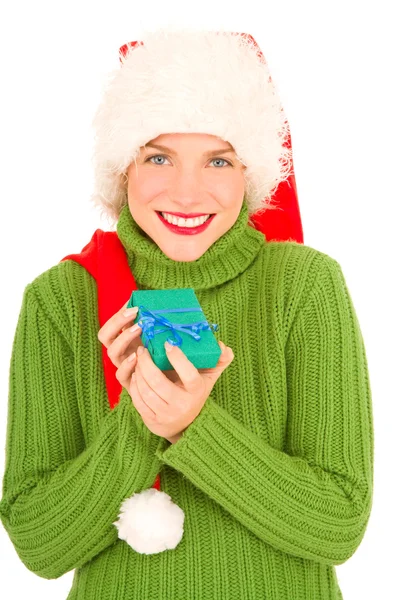 Woman with gift and Santa Hat — Stock Photo, Image