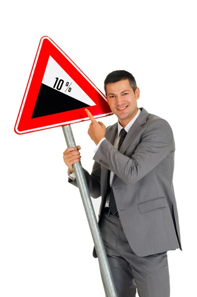 "businessman with road sign — Stock Photo, Image
