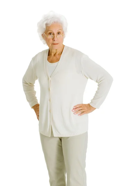 Idős nő, kezét a csípő — Stock Fotó