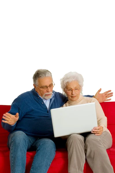 使用一台笔记本电脑在沙发上对老年夫妇 — 图库照片