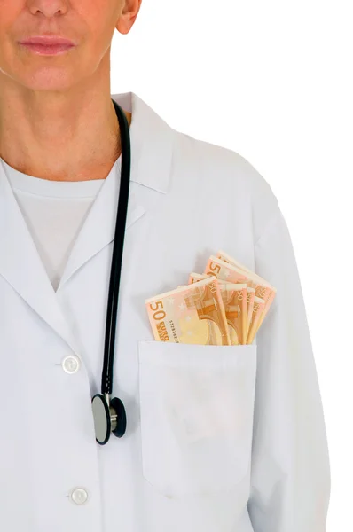 stock image Female doctor with banknotes in the pocket