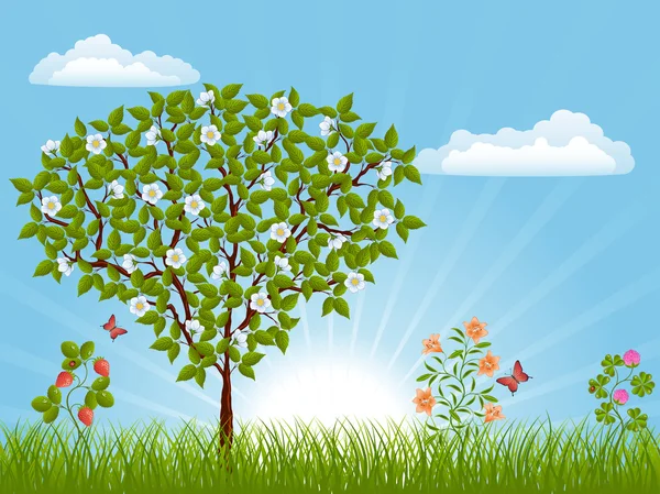 Floraler Hintergrund mit einem Baum — Stockvektor