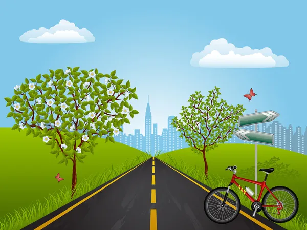 Paysage d'été avec un vélo — Image vectorielle