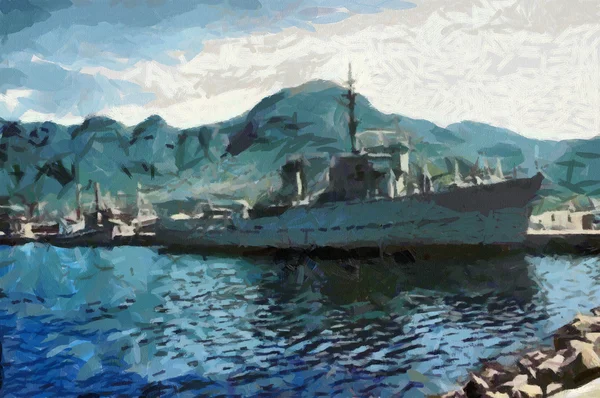 Oorlogsschip in de haven van — Stockfoto