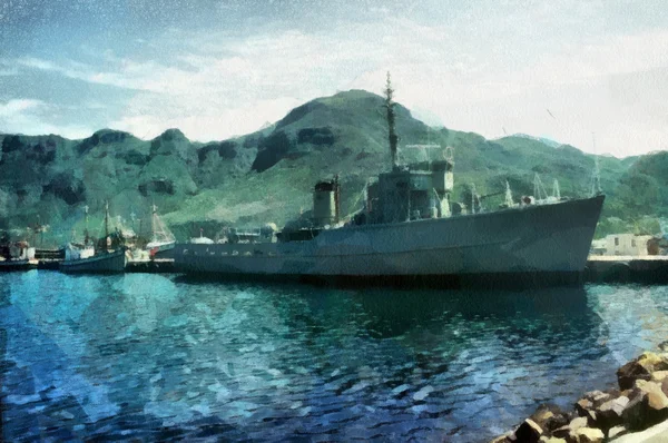 Военный корабль в гавани — стоковое фото