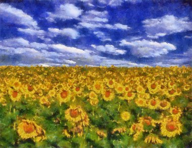 Sunflower field under blue sky background painting clipart