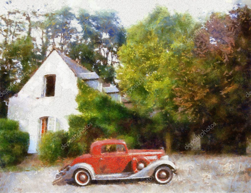 Buick 1934 Sports Coupe parked in front of farm house. Vector - EPS file