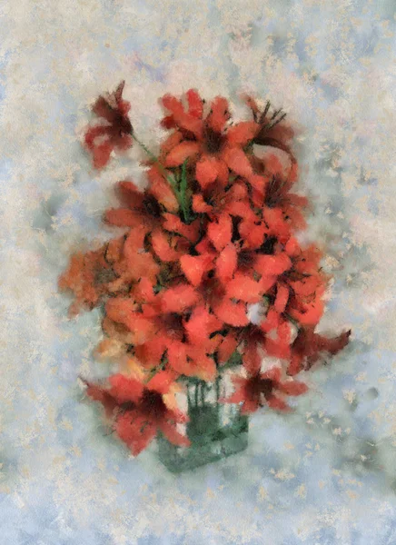 Malarstwo Bukiet Czerwonych Kwiatów Małym Szklanym Wazonie — Zdjęcie stockowe
