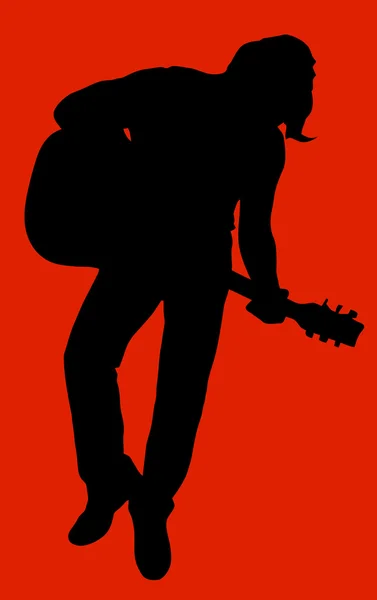 Musicus Gitarist Silhouet Rode Achtergrond — Stockvector