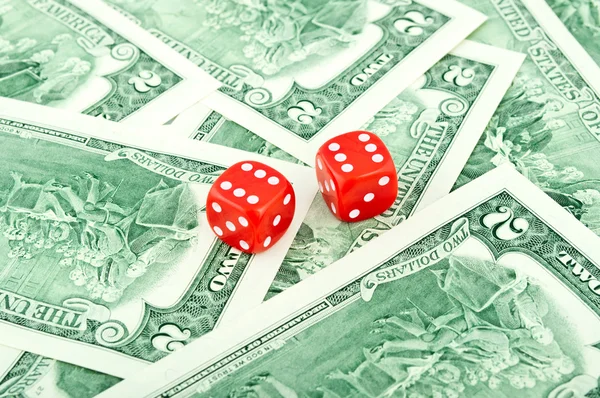 Two Red Dice Lying Dollar Background — Stock Photo, Image