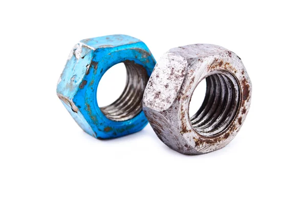 Two Old Rusty Steel Screw Nut Isolated White Background — Stock Photo, Image