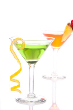 Green Red cocktails composition with vodka, light rum, gin, tequila, blue curacao, lime juice, lemonade, lemon slice, maraschino cherry isolated on a white back clipart