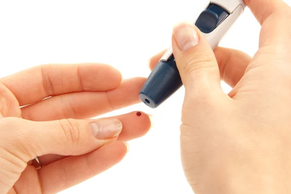 Diabetes Lanceta Dedo Picada Mão Para Fazer Perfurações Para Obter — Fotografia de Stock