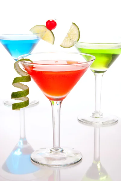 Colorful Cosmopolitan Cocktails Vodka Tequila Juice Lime Slice Cherry Martini — Stock Photo, Image