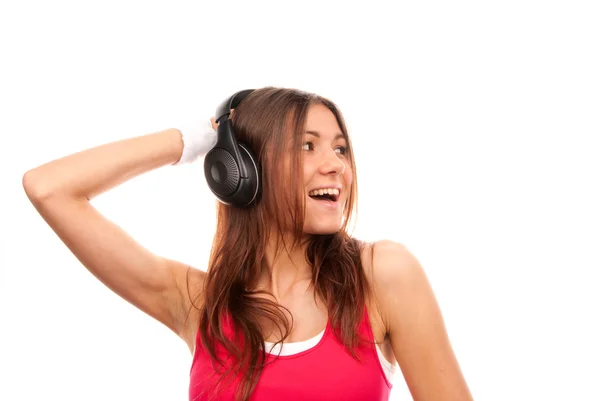 Girl Listening Music Headphones Singing Smiling Holding Her Hand Black — Stock Photo, Image