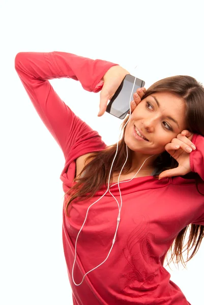 Mujer Bastante Joven Escuchando Música Nuevo Reproductor Mp3 Tacto Celular —  Fotos de Stock