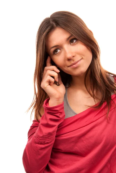 Жінка говорить на новому мобільному телефоні — стокове фото