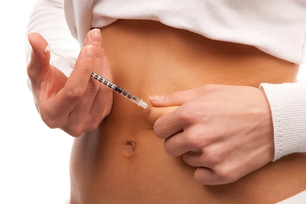 Siringa Monouso Insulina Diabetica Iniettata Nel Muscolo Addominale Sottocutaneo Isolato — Foto Stock