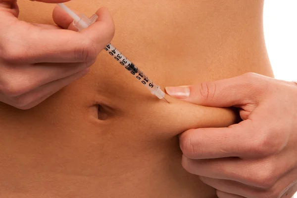 Cukrzycy Pacjent Wykorzystuje Insulinę Zastrzelony Przez Strzykawkę Małej Igły Jednorazowego — Zdjęcie stockowe