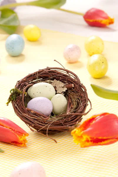 Huevos Pascua Pintados Colores Azul Rosa Amarillo Pintados Colores Nido —  Fotos de Stock