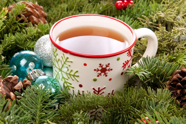 Christmas Mug Tea Decorated Red Green Snowflakes Pine Fir Cone — Stock Photo, Image