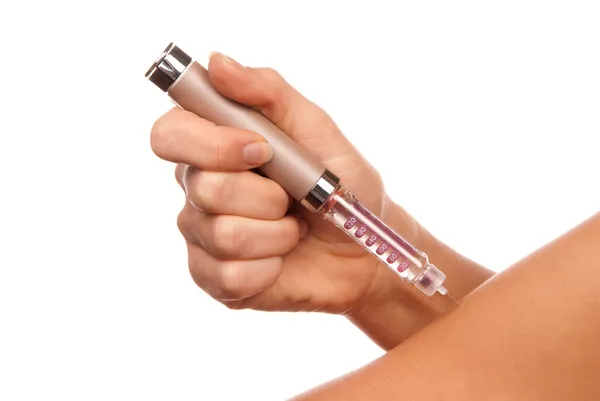 Professional Women Doctor Hand Medical Insulin Syringe Pen Making Humalog — Stock Photo, Image
