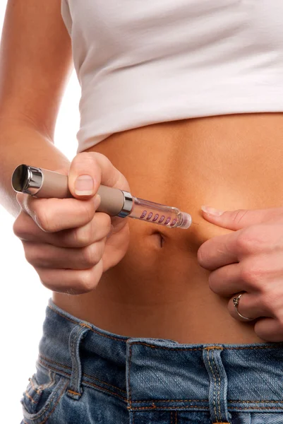 Insulin syringe pen abdomen injection — Stock Photo, Image