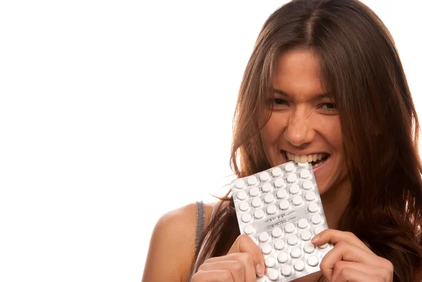 Mujer Enojada Muerde Paquete Pastillas Aspirina Medicina Ella Está Muy — Foto de Stock