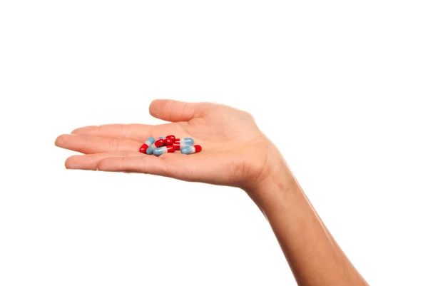 Doctor Holding Open Palm Painkiller Pill Capsules Medicine Red Blue — Stock Photo, Image