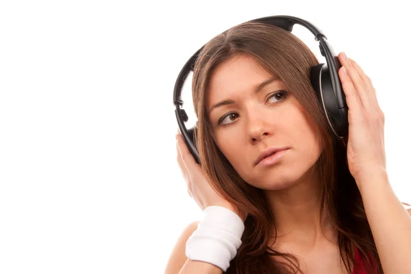 Брюнетка Молодая Женщина Слушает Музыку Большие Наушники Думать Изолированы Белом — стоковое фото