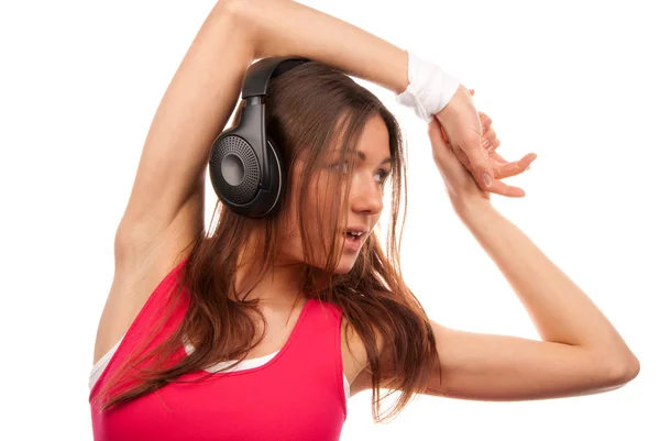 Ładny Fitness Brunetka Dama Słuchania Korzystających Muzyki Słuchawkach Uśmiechając Się — Zdjęcie stockowe