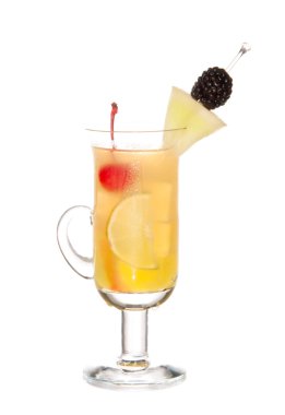 Fruity Mocktail drink with peach schnapps, apple juice, pineapple, maraschino cherry, lime, orange tea and blackberry in cocktail coffee glass isolated on a whi clipart