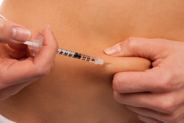 Diabetes Injektion Insulinspritze Schuss Durch Einmalige Kleine Nadel Mit Dosis — Stockfoto