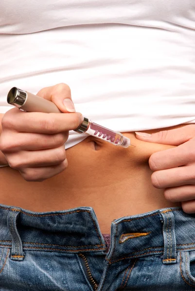 Paziente Con Insulina Diabetica Che Effettua Iniezioni Insulina Iniettando Una — Foto Stock