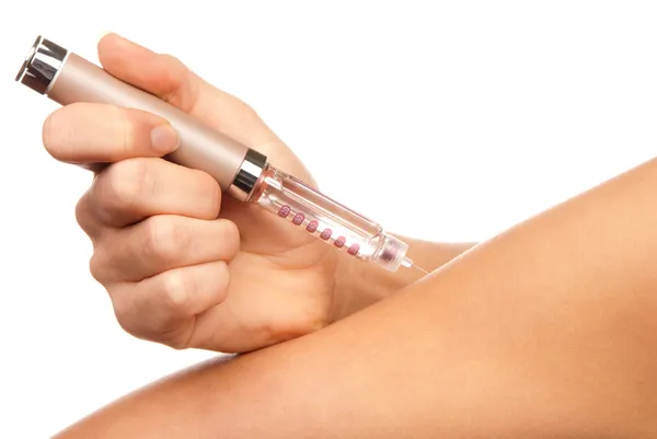 Doctor Hand Injecting Medical Insulin Syringe Pen Making Humalog Injection — Stock Photo, Image