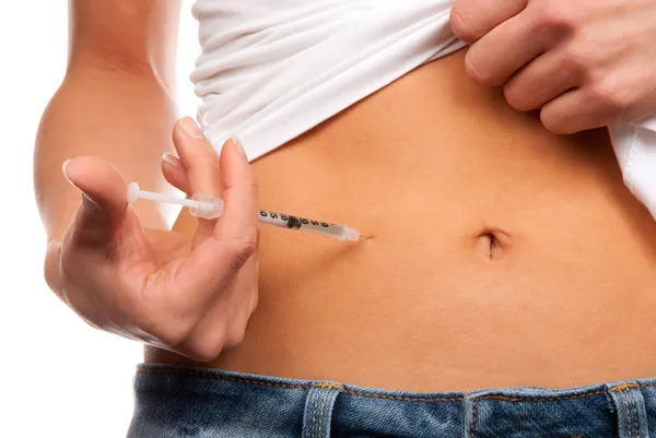 Insulinabhängiger Diabetes Patient Führt Eine Subkutane Injektion Durch Einmalspritze Mit Stockbild