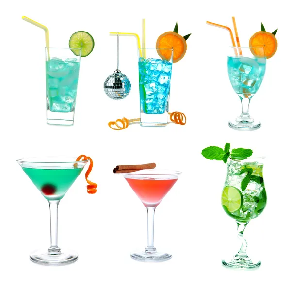 Cocktails Collage Samling Blå Hawaiian Lagoon Tropiska Martini Cosmopolitan Mojito — Stockfoto