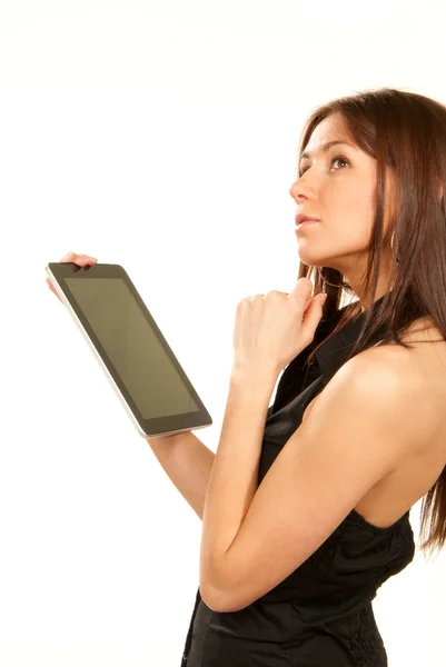 Femme tenant un nouvel ordinateur tablette tactile électronique — Photo