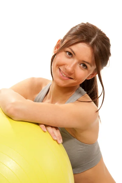 Beautiful Slim Female Fitness Instructor Holds Hand Pilates Ball Gym — Stock Photo, Image