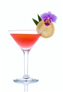 Red Cosmopolitan cocktail with vodka, triple sec, red cranberry juice, lime,lemon wheel, pineapple leaf and orchid isolated on a white background clipart