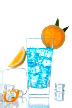 Blue Lagoon cocktail decorated with orange and pineapple, filled with ice on a white background clipart